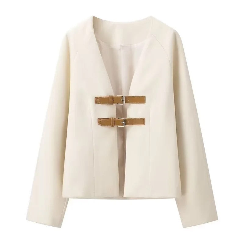 Damen elegante Teddyjacke mit dekorativen Schnallen Drune