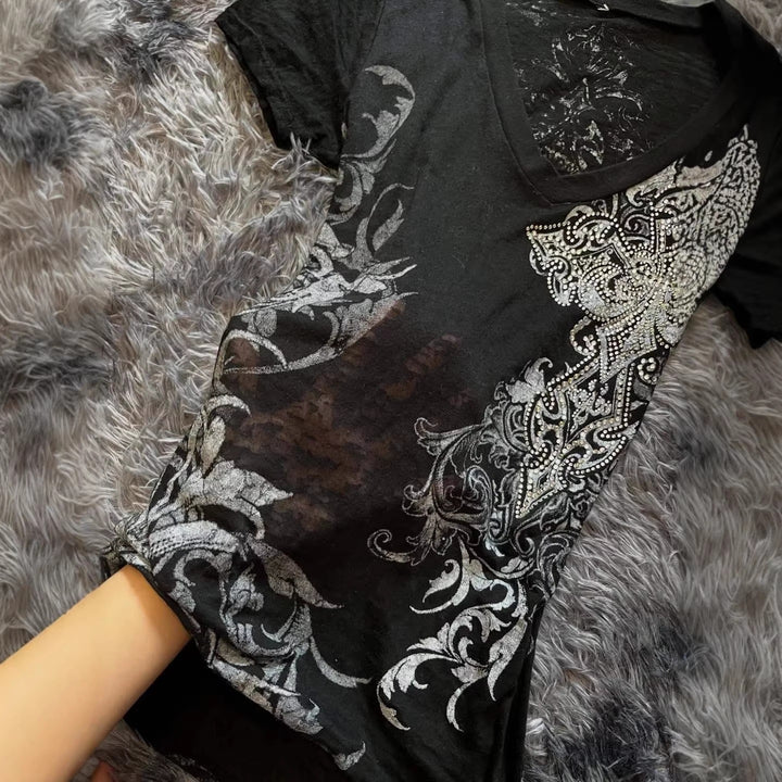 Damen Elegantes V-Ausschnitt T-Shirt mit kunstvollem Design Drune