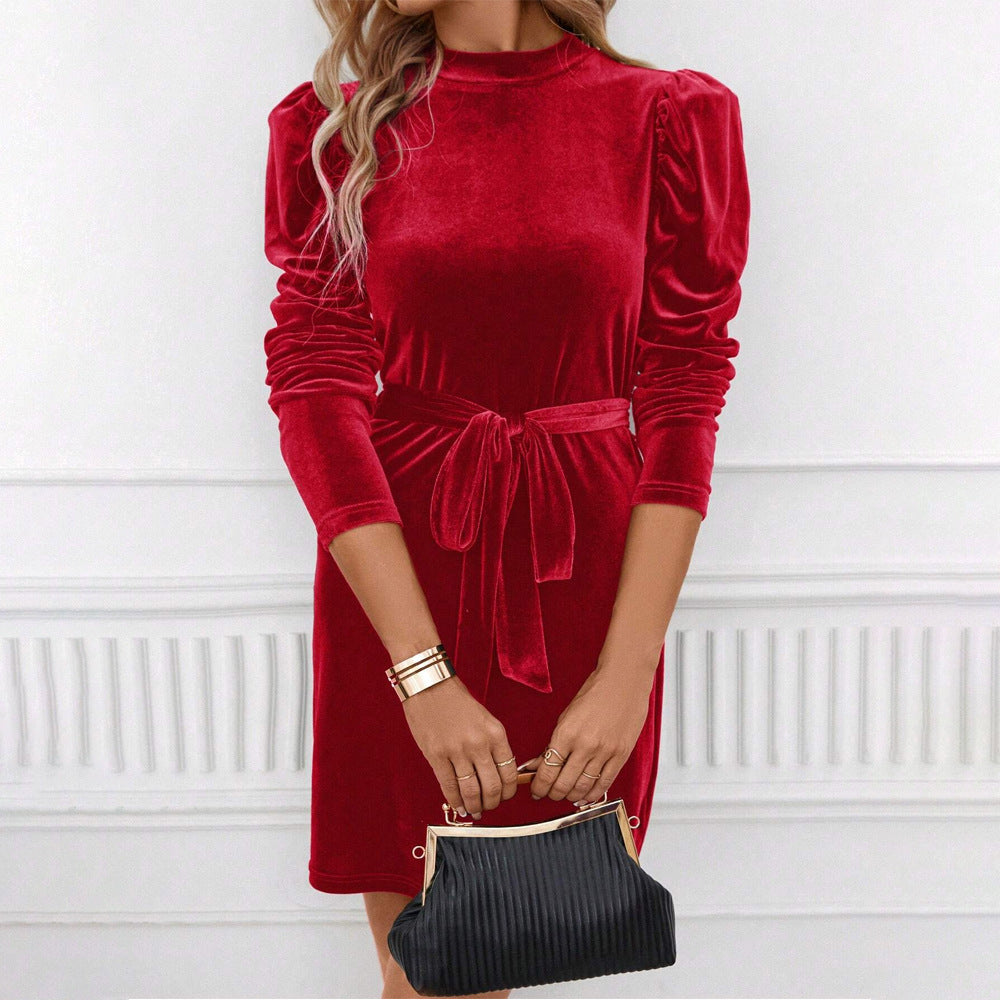 Damen elegantes Samtminikleid mit Schleifenbund und raffinierten Puffärmeln Drune