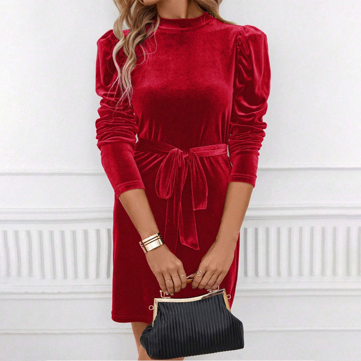Damen elegantes Samtminikleid mit Schleifenbund und raffinierten Puffärmeln Drune