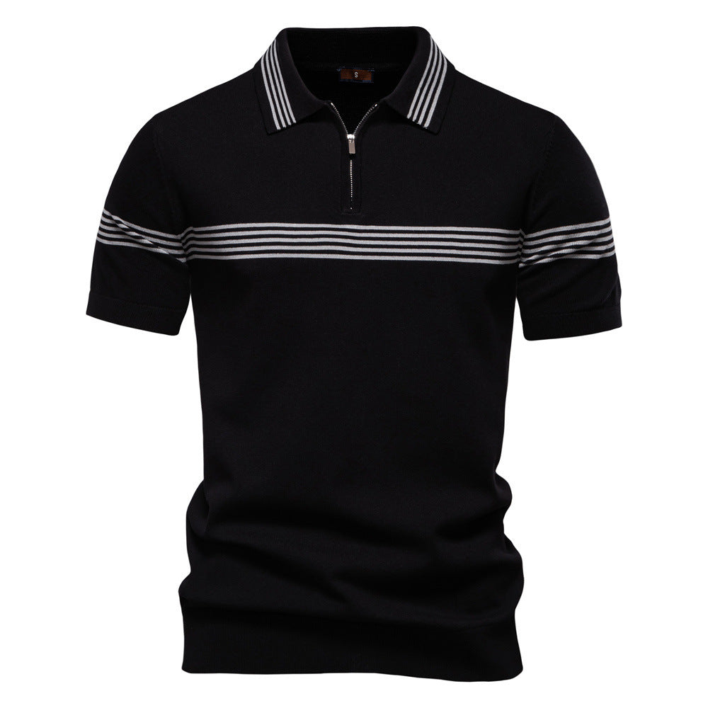 Herren nan edles Feinstrick-Poloshirt mit kurzem Metallreißverschluss, Bündchenärmeln und kontrastierten Streifenbändern Drune