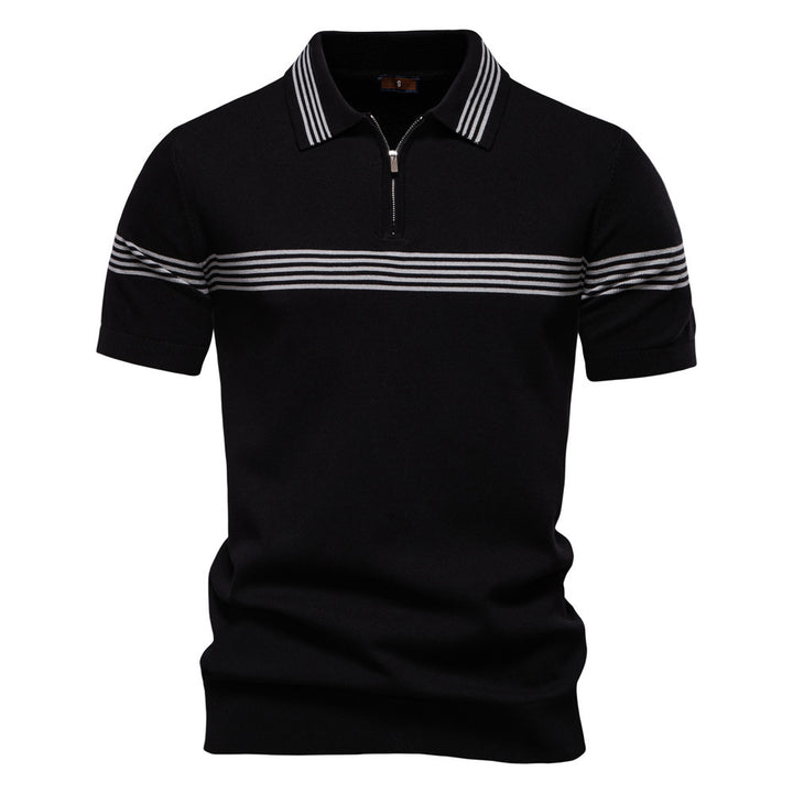 Herren nan edles Feinstrick-Poloshirt mit kurzem Metallreißverschluss, Bündchenärmeln und kontrastierten Streifenbändern Drune