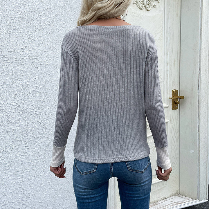 Damen Lässiges gemustertes Langarmshirt mit V-Ausschnitt und Taschen Drune
