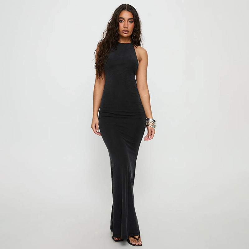 Damen elegantes Maxikleid mit haltem Ausschnitt und figurbetontem Schnitt Drune