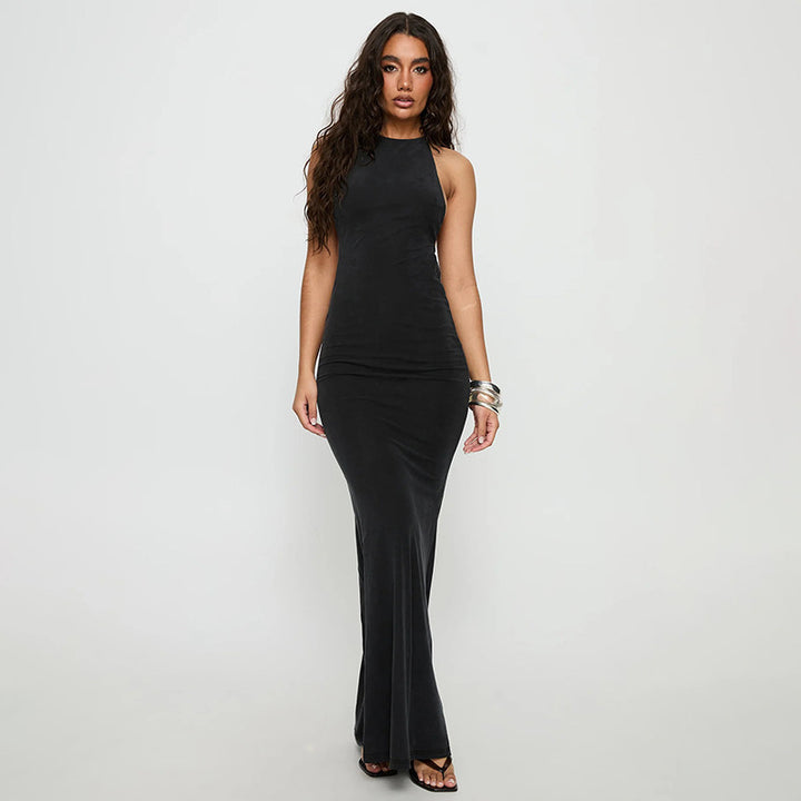 Damen elegantes Maxikleid mit haltem Ausschnitt und figurbetontem Schnitt Drune