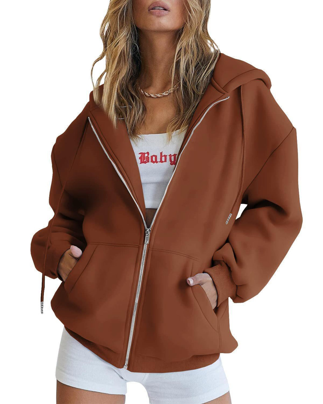 Damen nan lässige Zip-Hoodie-Jacke im Boxy-Cut mit überschnittener Schulter, verdecktem Tunnelzug und großen Kängurutaschen Drune