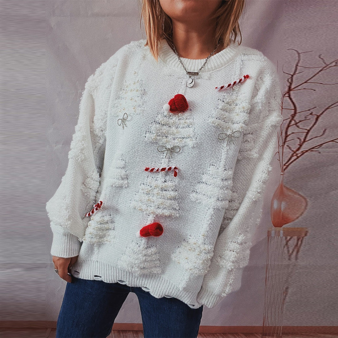 Damen festlicher Pullover mit kreativen Weihnachtsmotiven und strukturiertem Design Drune