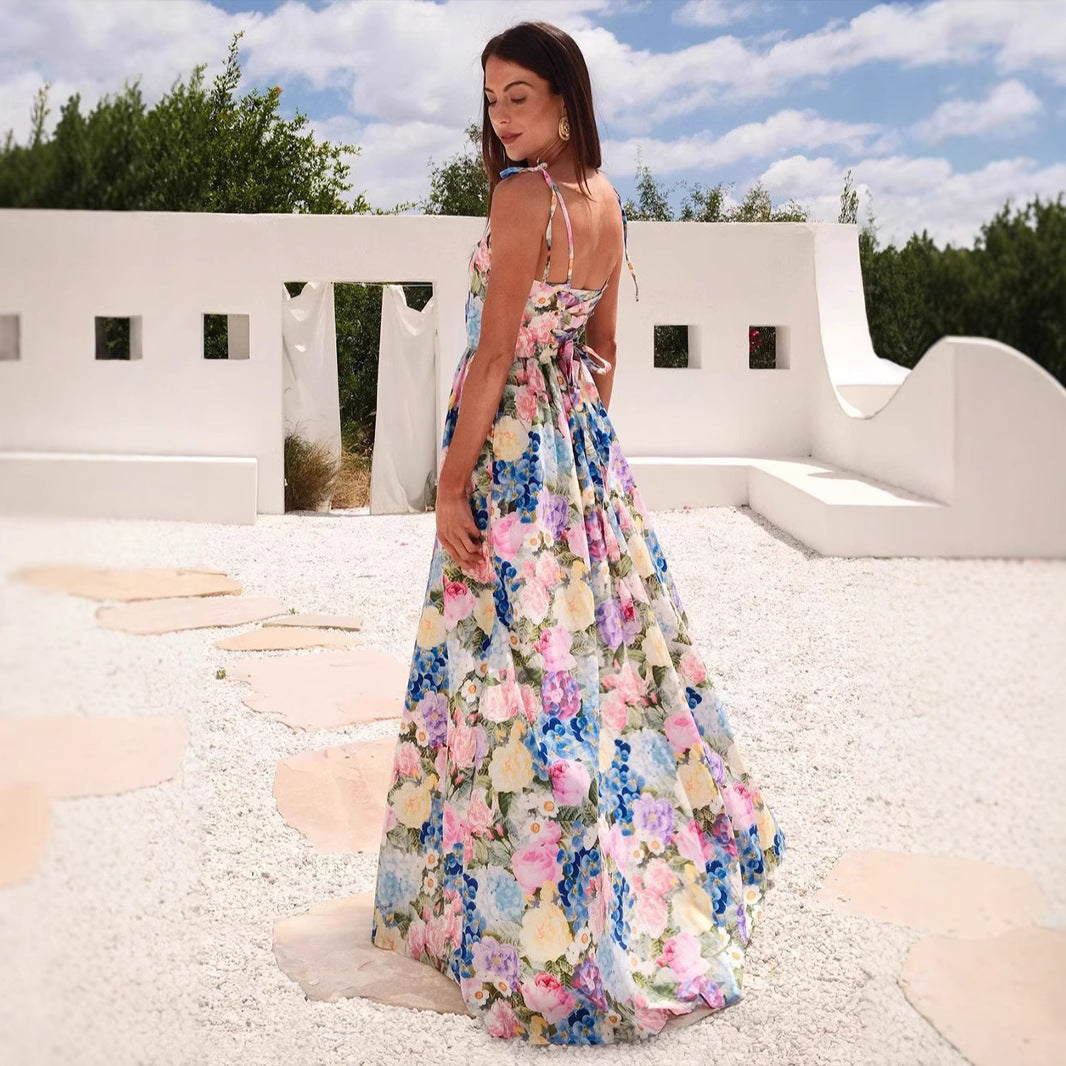 Damen Maxi-Langarmkleid mit floralem Muster und Rüschendetails Drune