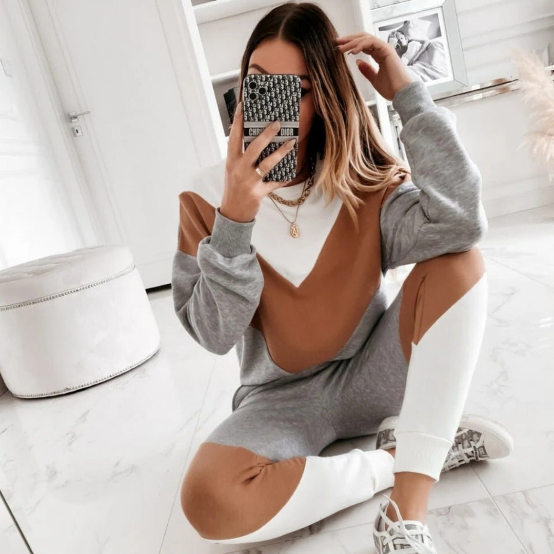 Damen nan sportives Colorblock-Sweatset mit Rundhalsausschnitt, Raglanärmeln und taillierter Jogginghose Drune