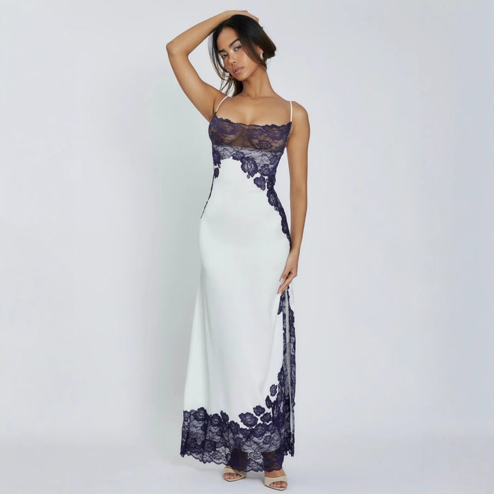 Damen Elegantes Spitzenkleid mit tiefem V-Ausschnitt und transparenten Einsätzen Drune
