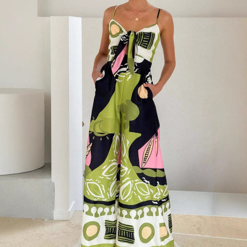 Damen Eleganter Jumpsuit mit verspieltem Tie-Dye-Muster und seitlichem Bindegürtel Drune