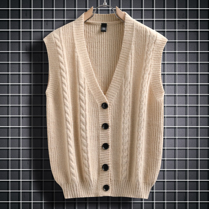 Herren ärmellose Strickjacke mit Zopfmuster und Knopfdetails Drune