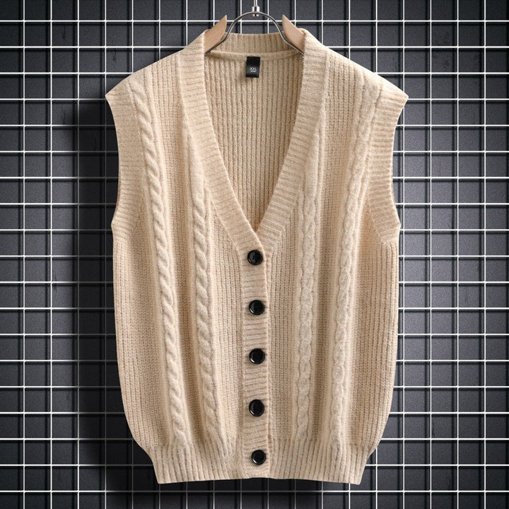 Herren ärmellose Strickjacke mit Zopfmuster und Knopfdetails Drune