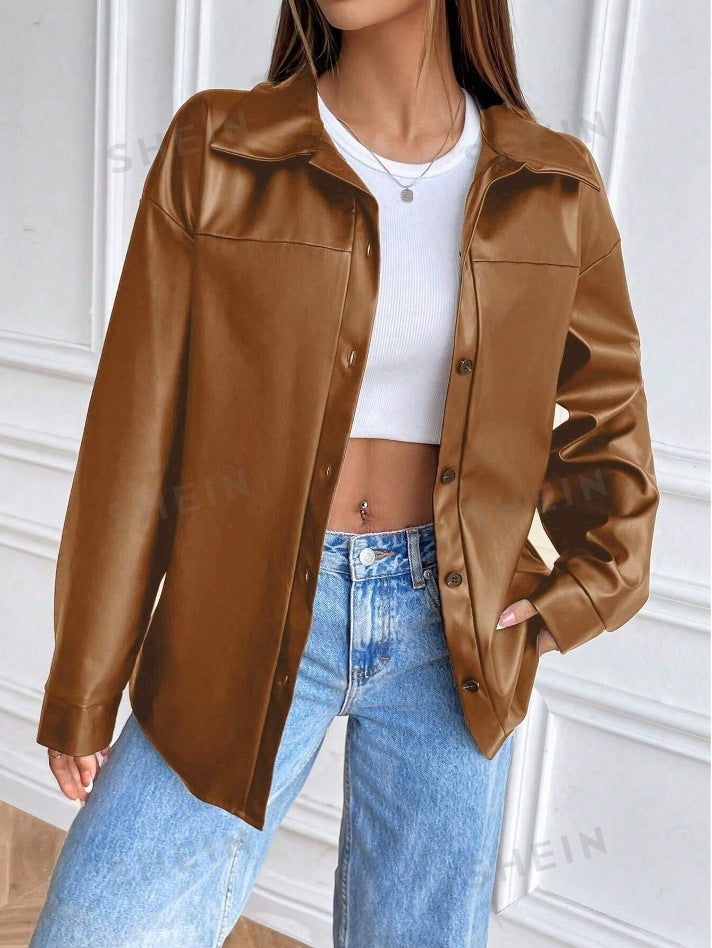Damen modische Kunstlederjacke im schicken Oversized-Stil Drune