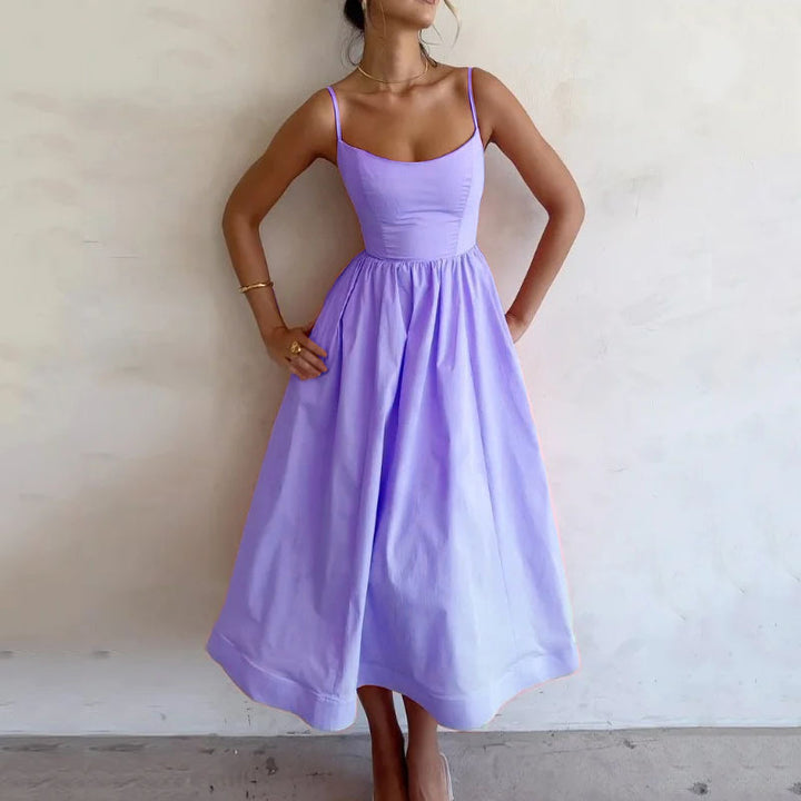 Damen Midi-Kleid mit tailliertem Oberteil und schwingendem Rock Drune