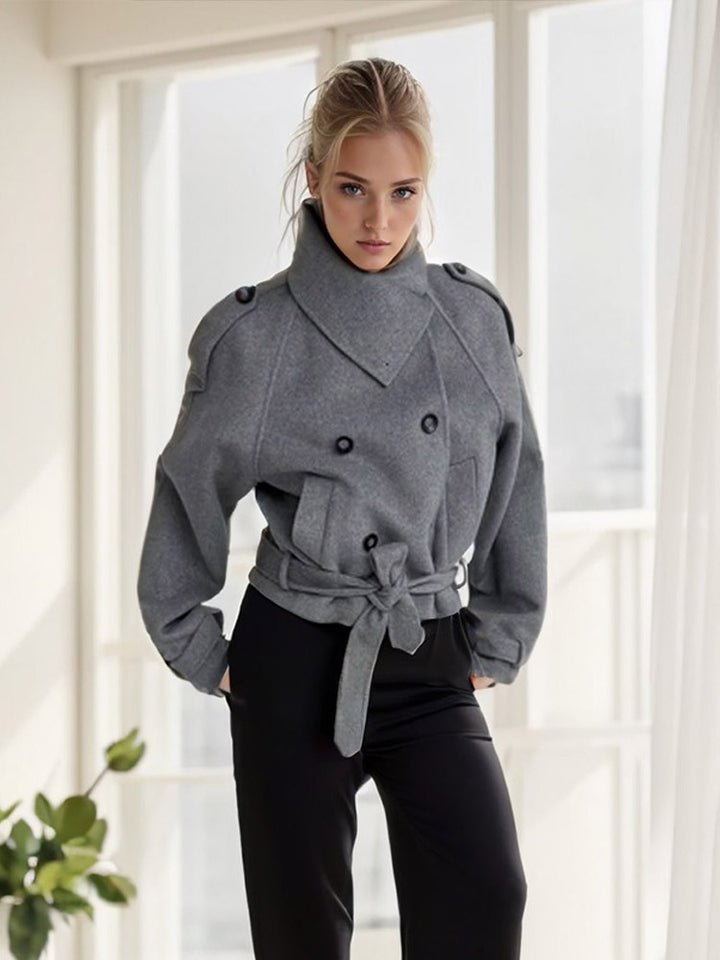 Damen modische Oversized-Wolljacke mit hohem Kragen und Gürtel Drune