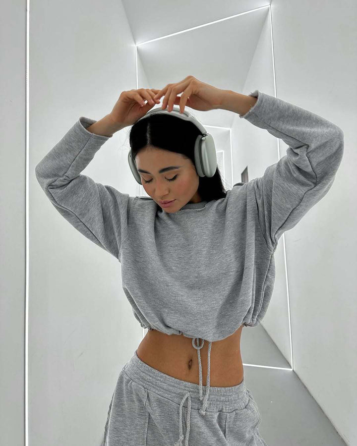 Damen lässiger Cropped Sweatshirt mit Kordelzug Drune