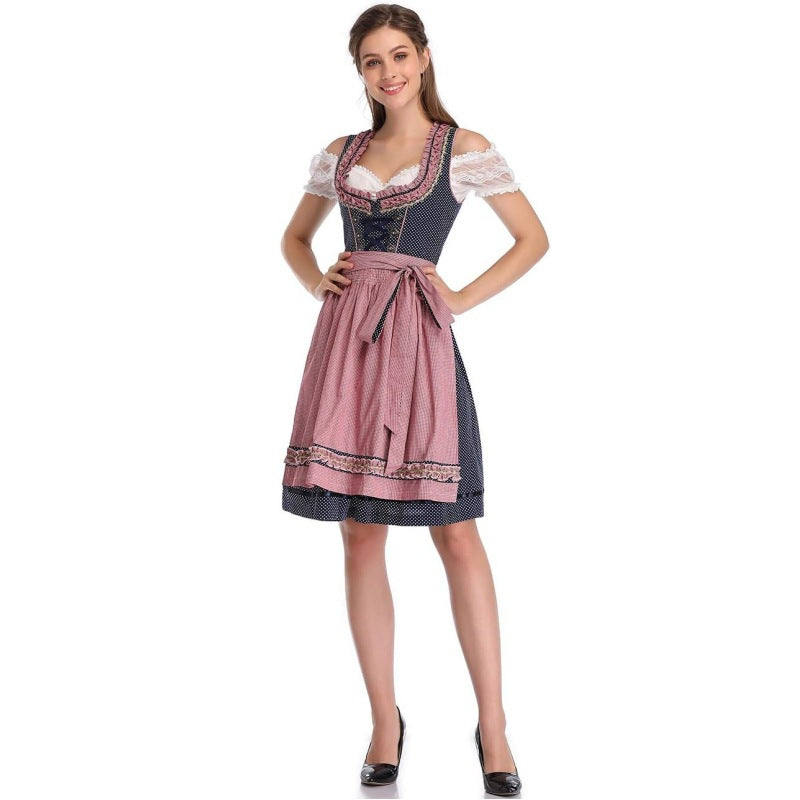 Damen nan traditionelles Dirndlkleid mit Schnürung, floraler Baumwollqualität und Schleifen-Schürze Drune