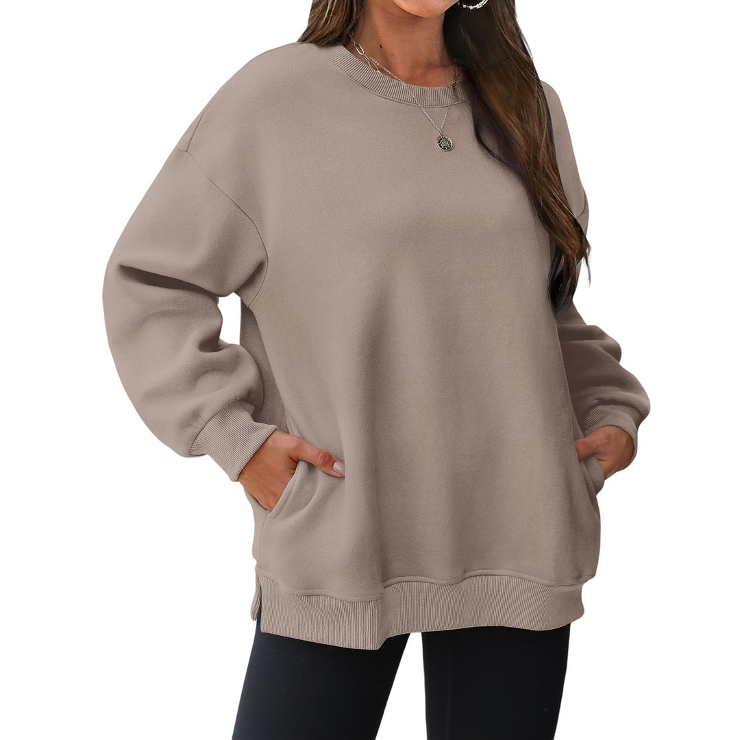 Damen nan verlängertes Oversize Rundhalspullover mit seitlichen Eingrifftaschen, Rippbündchen und überschnittener Schulter Drune