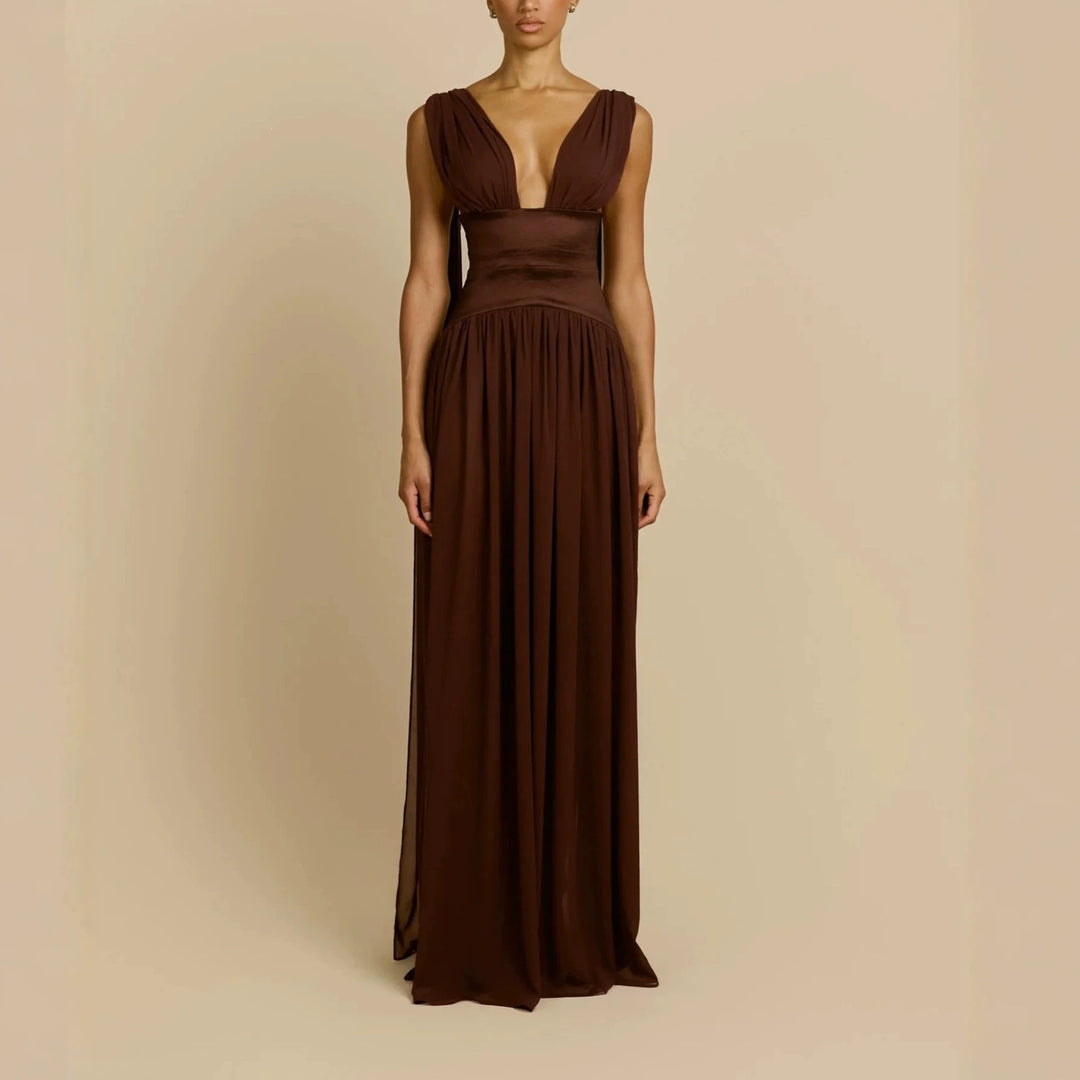 Damen Elegantes Langarm-Maxikleid mit tiefem V-Ausschnitt Drune