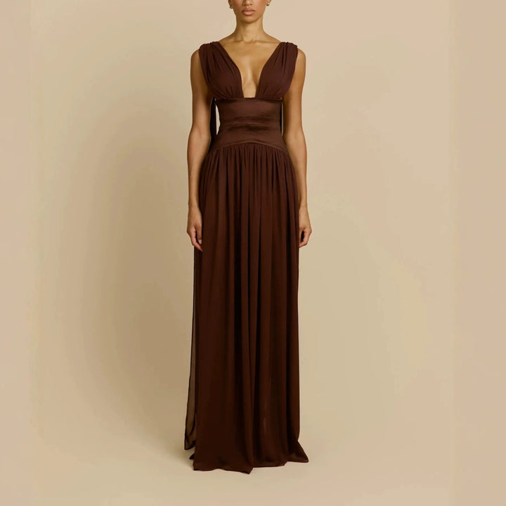 Damen Elegantes Langarm-Maxikleid mit tiefem V-Ausschnitt Drune