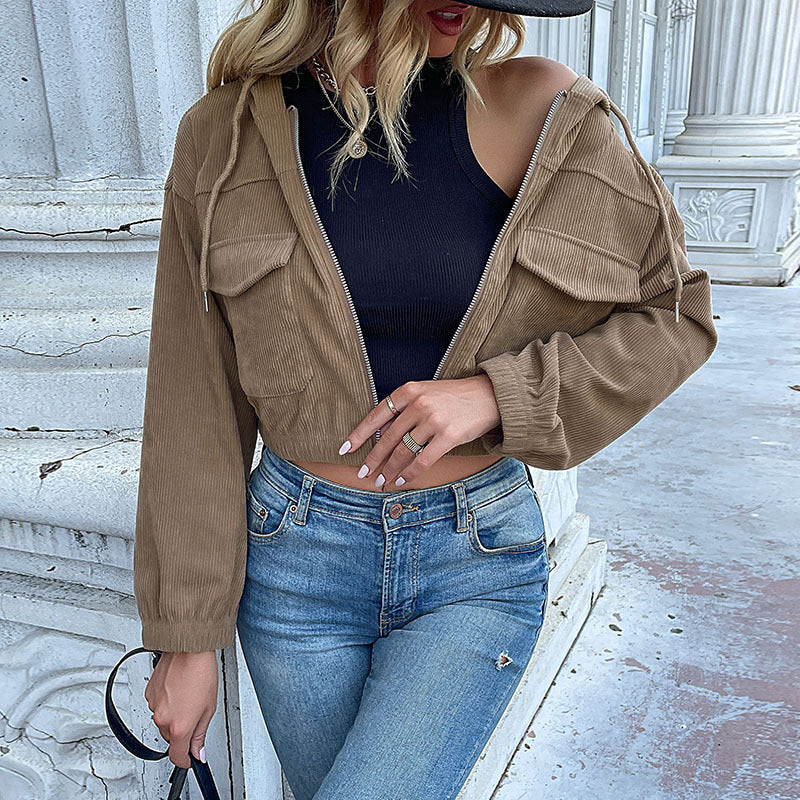 Damen kurzes Cordjacke mit aufgesetzten Taschen und Kapuze Drune