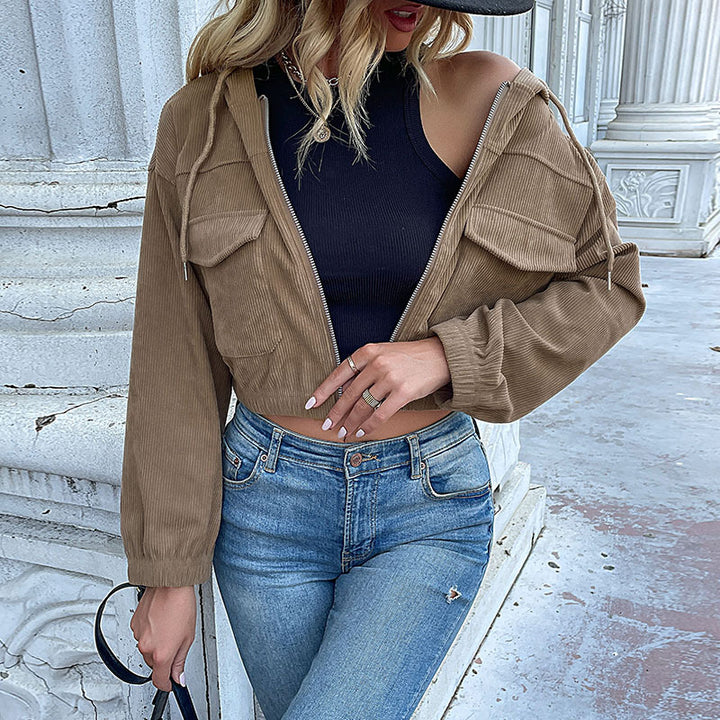 Damen kurzes Cordjacke mit aufgesetzten Taschen und Kapuze Drune