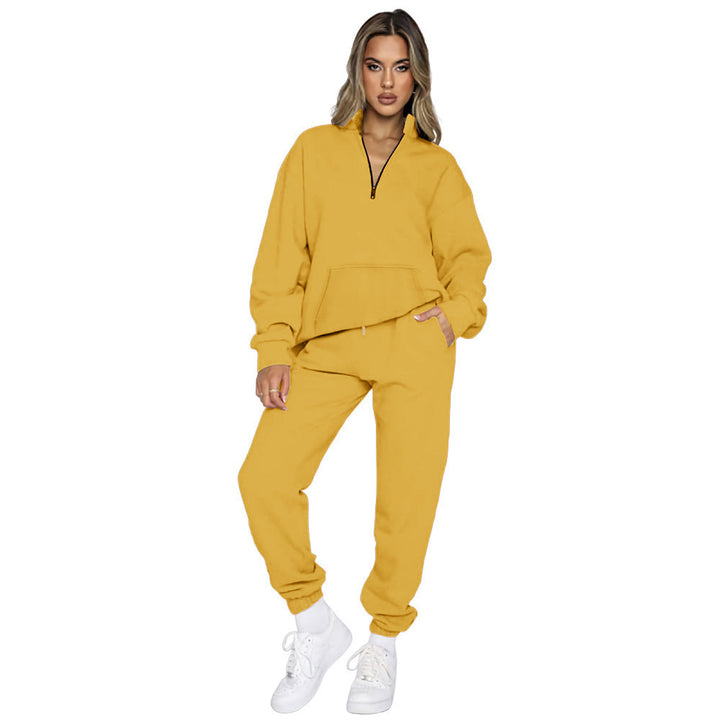 Damen nan French‑Terry Relax‑Loungewear‑Set mit halbem Reißverschluss, Kängurutasche und taillierter, schmal zulaufender Jogginghose Drune