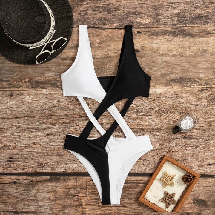 Damen Cut-Out Einteiler Badeanzug mit asymmetrischem Design und modischen Trägern Drune