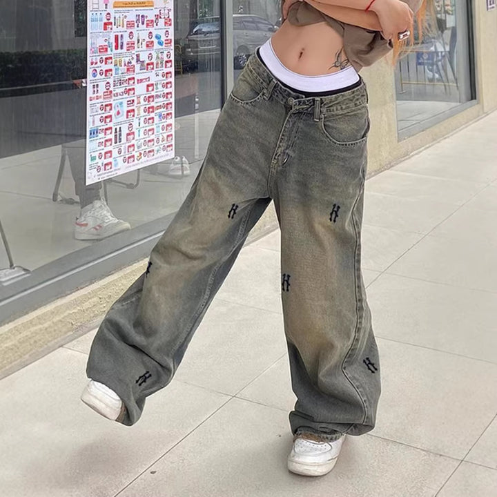 Damen Weiße Stoffhose mit modischen Stickereien Drune