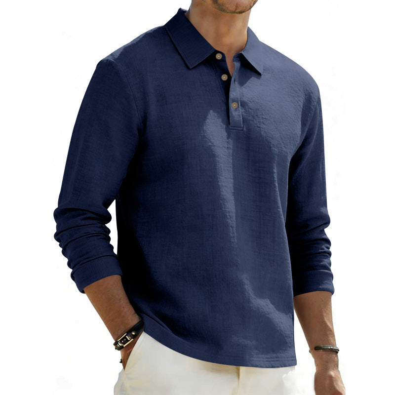 Herren nan Langarm-Poloshirt aus Leinen mit Henley-Knopfleiste und Kentkragen Drune