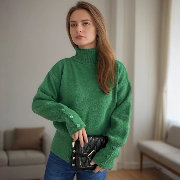 Damen modischer Rollkragenpullover mit Knopfdetails und asymmetrischem Saum Drune