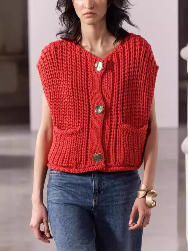 Damen Strickweste mit Knöpfen und Taschen Drune