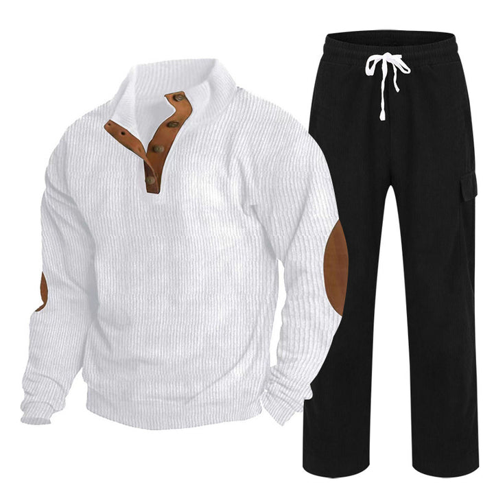 Herren nan Strick-Freizeitset mit Knopfleiste und Ellenbogenaufnähern sowie Cord-Cargohose Drune