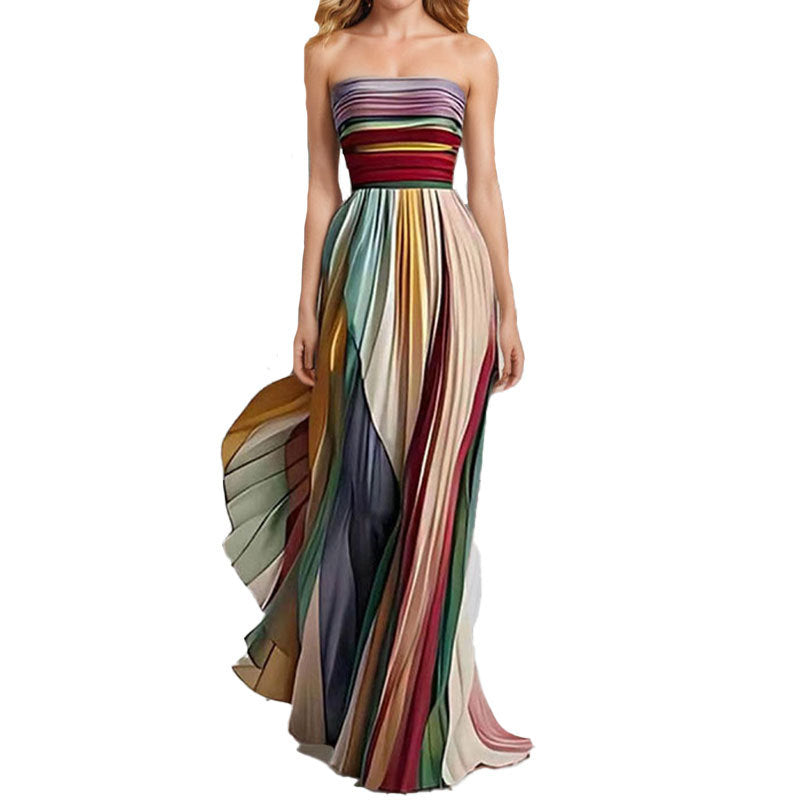 Damen Elegantes Maxikleid mit gerafftem Oberteil und farbenfrohem Streifenmuster Drune