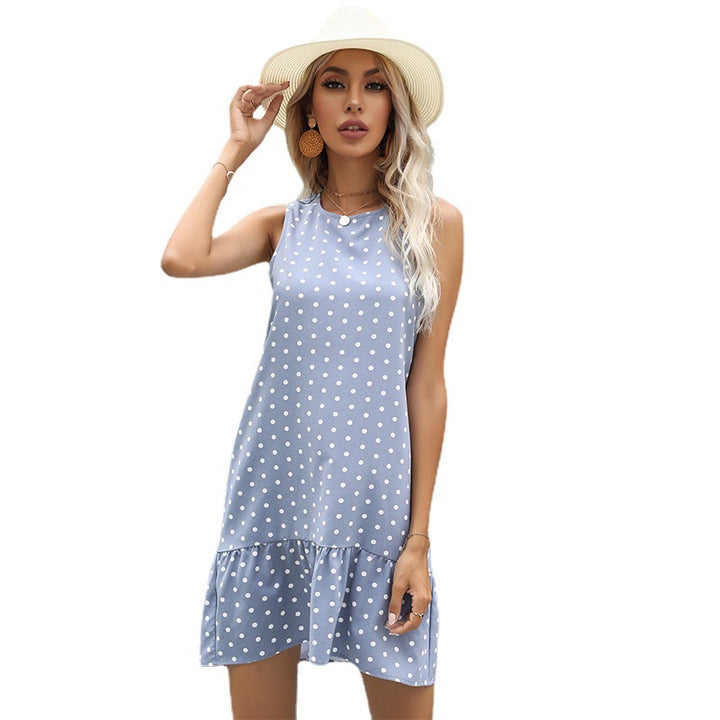 Damen ärmelloses Sommerkleid mit gepunktetem Design und Volantabschluss Drune