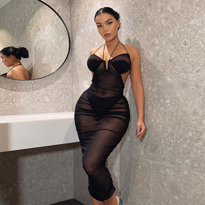 Damen Transparente Bodycon Maxikleid mit tiefem Ausschnitt und verspielten Trägern Drune
