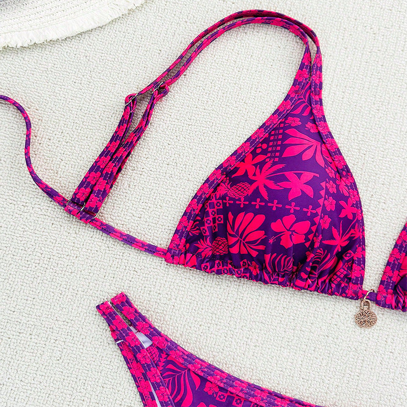 Damen Triangel-Bikini-Set mit floralem Muster und raffinierten Bindebändern Drune