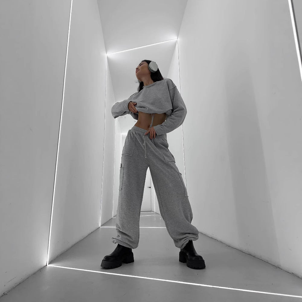 Damen lässiger Cropped Sweatshirt mit Kordelzug Drune
