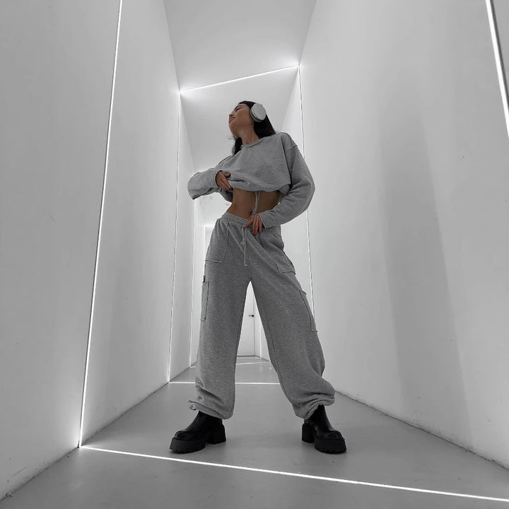 Damen lässiger Cropped Sweatshirt mit Kordelzug Drune