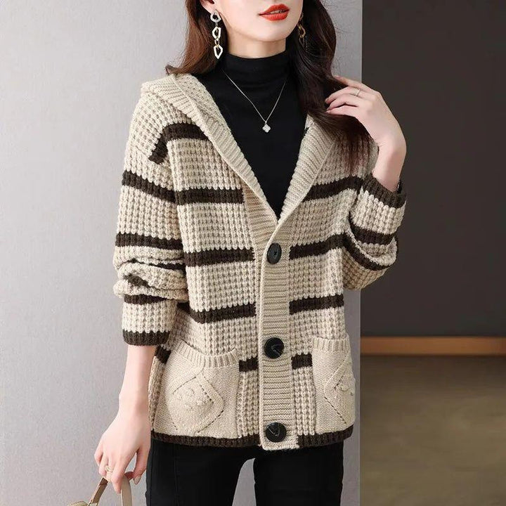 Damen gestreifte Strickjacke mit Kapuze und großen Taschen Drune