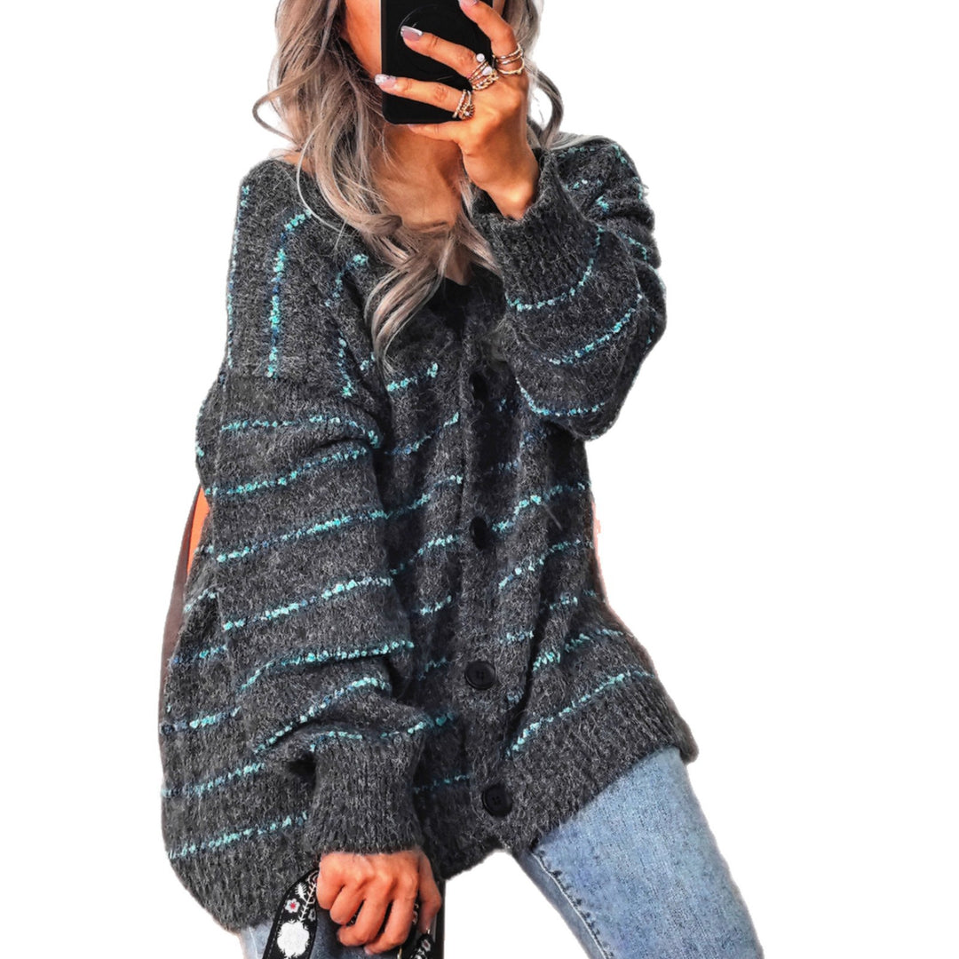 Damen kuschelige Strickjacke mit kontrastierenden Streifen Drune