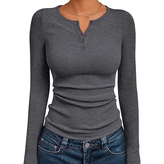 Damen Figurbetontes Langarmshirt mit Knopfleiste und Rippstruktur Drune