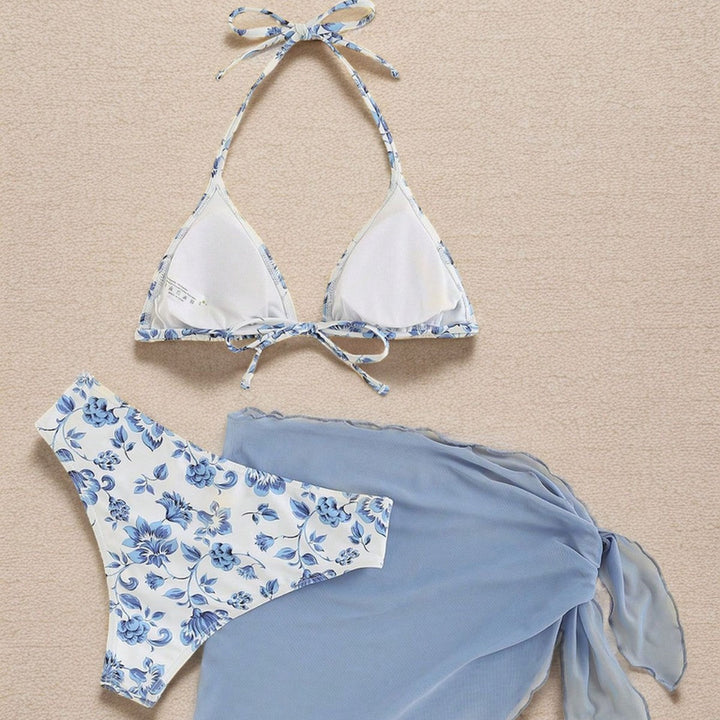 Damen Triangel-Bikini-Set mit Romantischem Blumenmuster und Eleganter Pareo Drune