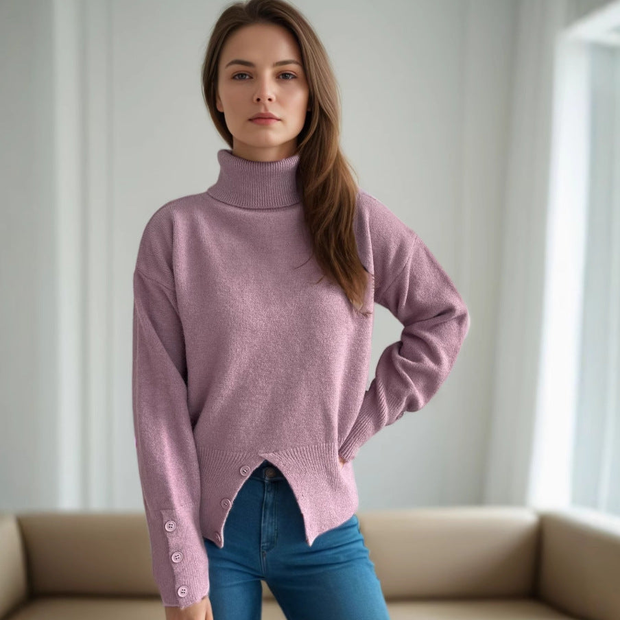 Damen gemütlicher Rollkragenpullover mit Knopfdetails Drune