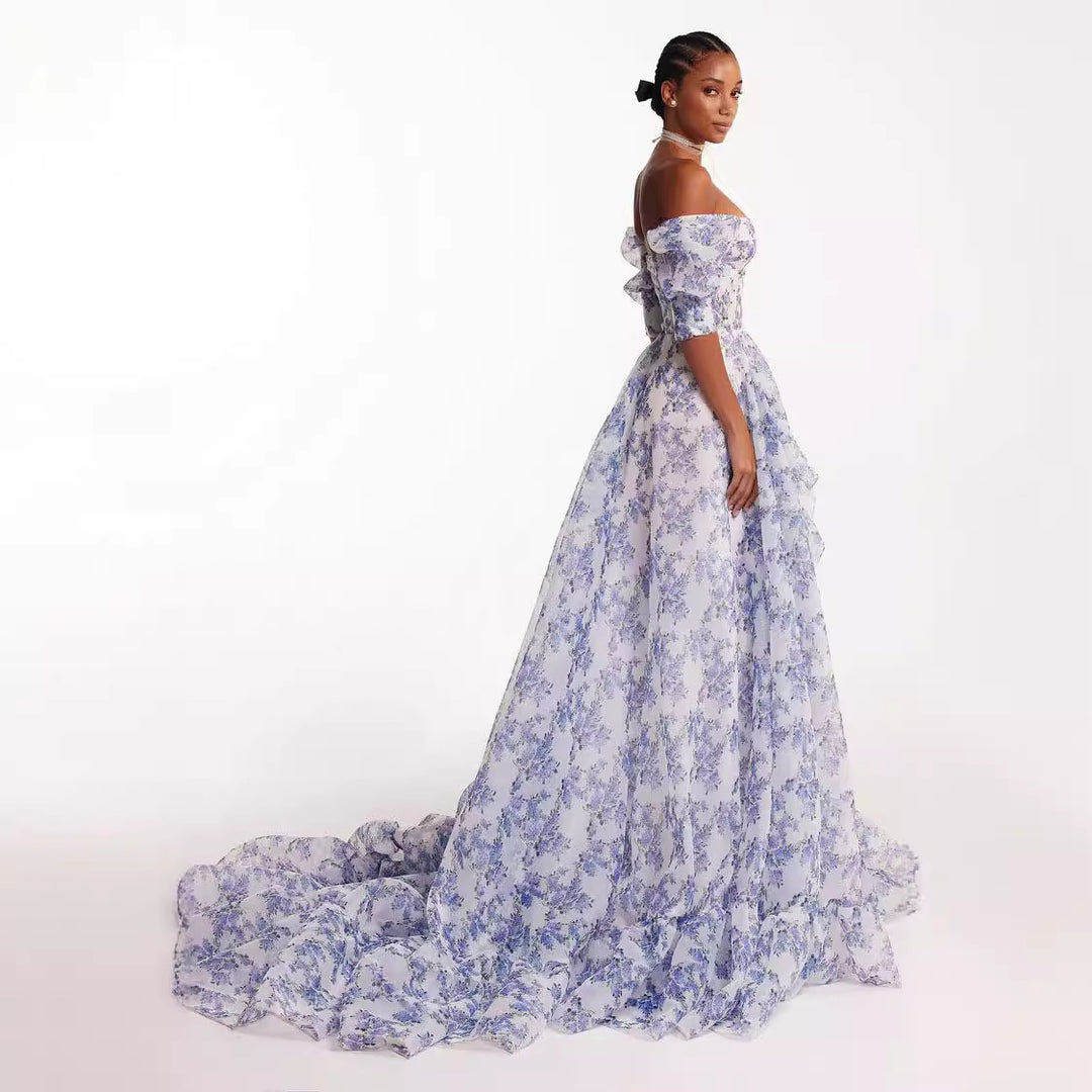Damen Festliches Maxikleid mit schulterfreiem Design und floralen Rüschendetails Drune