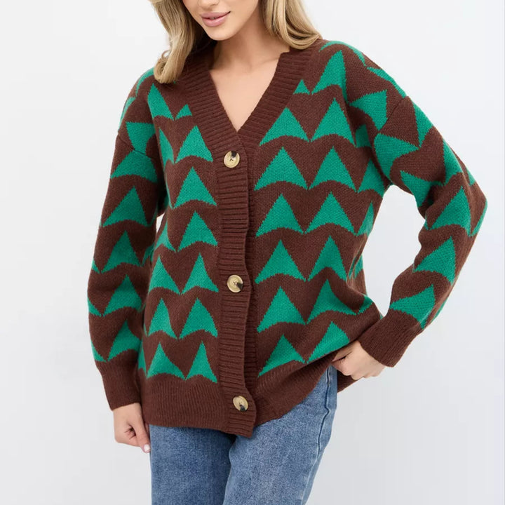Damen Strickjacke mit geometrischem Muster und knöpfbarem Design Drune