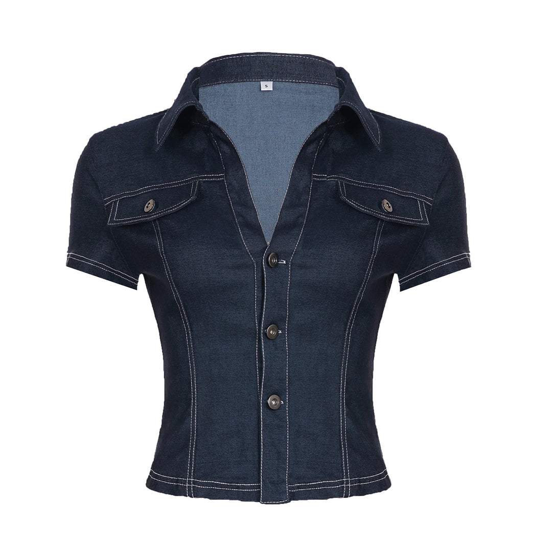 Damen Stylisches Jeanshemd mit taillierter Passform und kurzen Ärmeln Drune