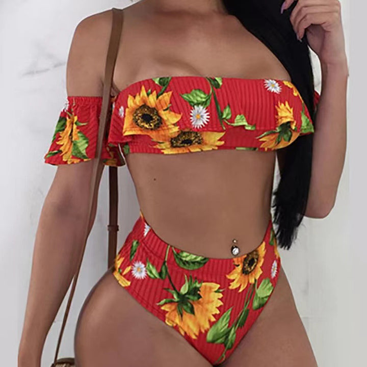 Damen Bikini-Set mit floralem Rüschendesign und hohem Taillenslip Drune
