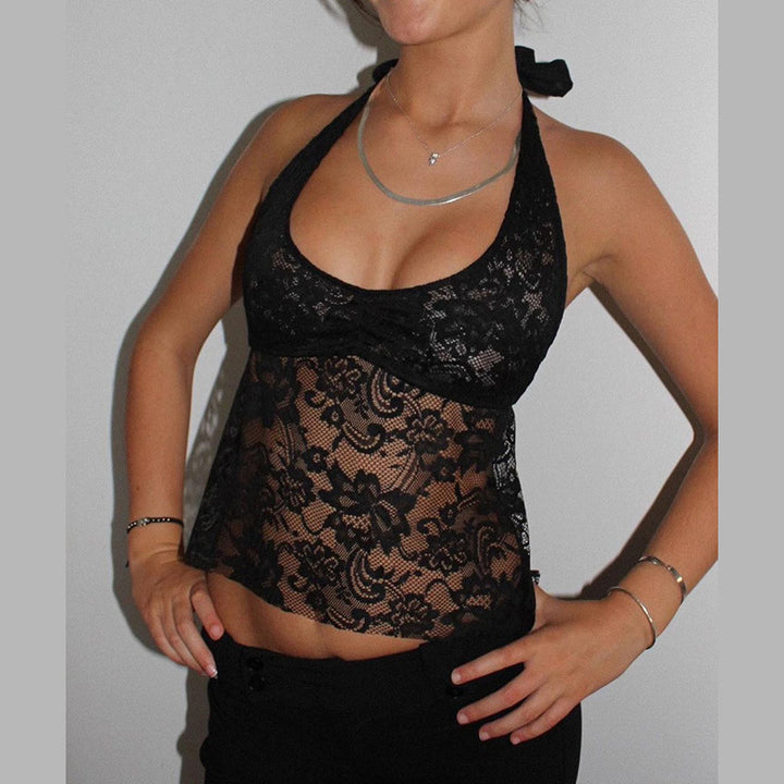 Damen Spitzen-Haltertop mit floralem Muster und tiefem V-Ausschnitt Drune